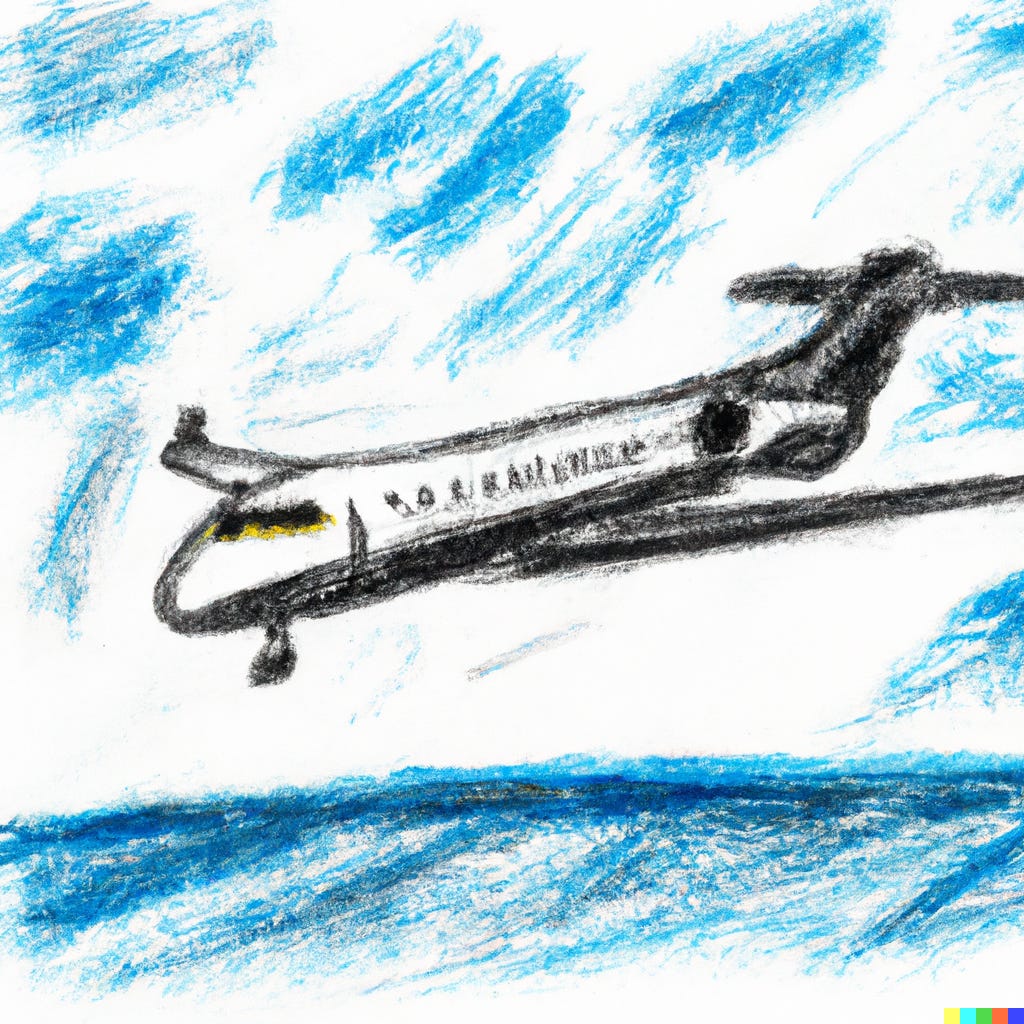 An AI-generated image of a crayon drawing of a private jet.
