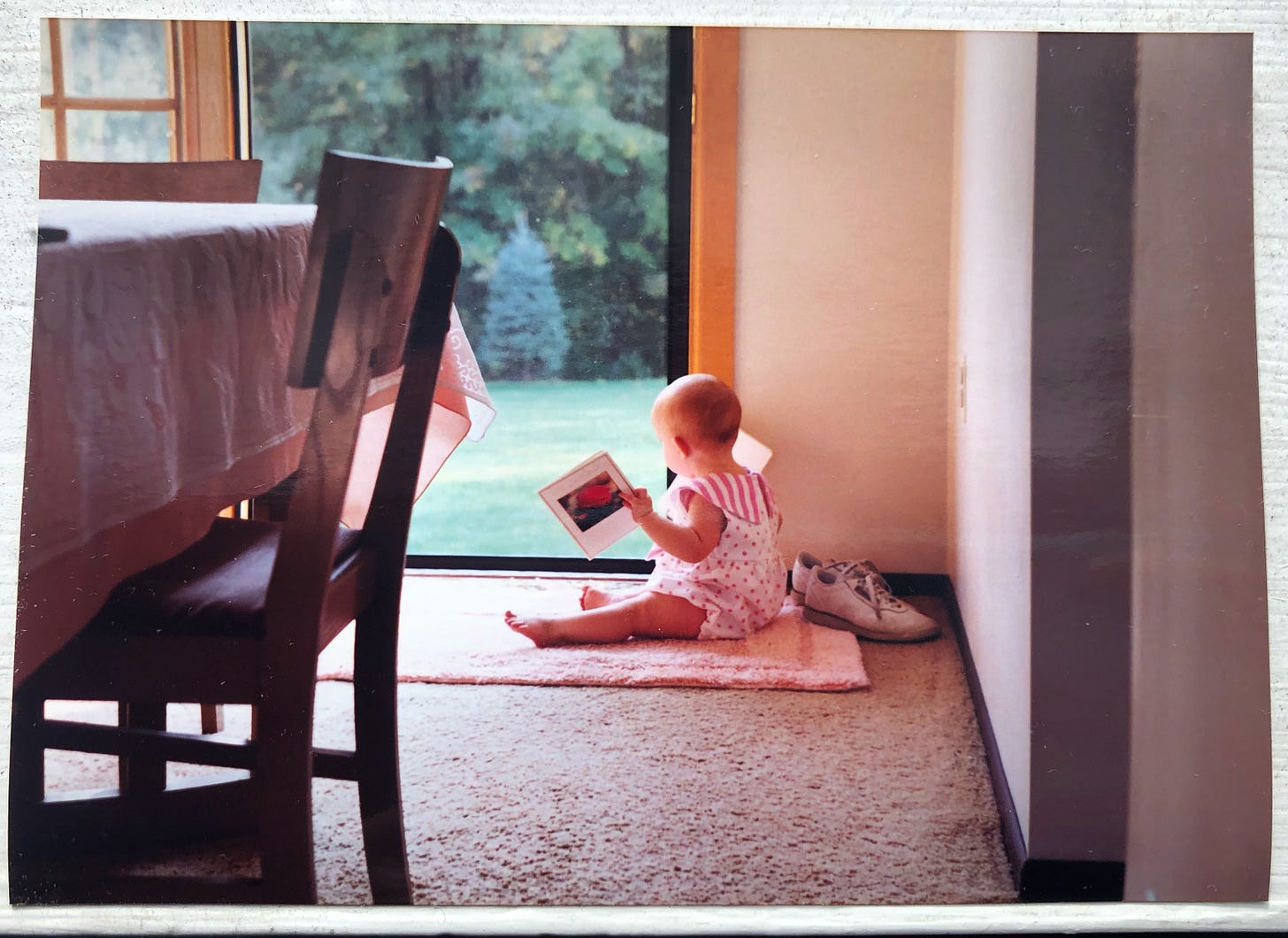 Photograph of a young child sitting in front of a screen door. They are facing away from the camera while holding a book in each hand. The screen door leads to a yard, which features a lawn before a heavily wooded area. The foreground features a dining room table and beige carpeting.