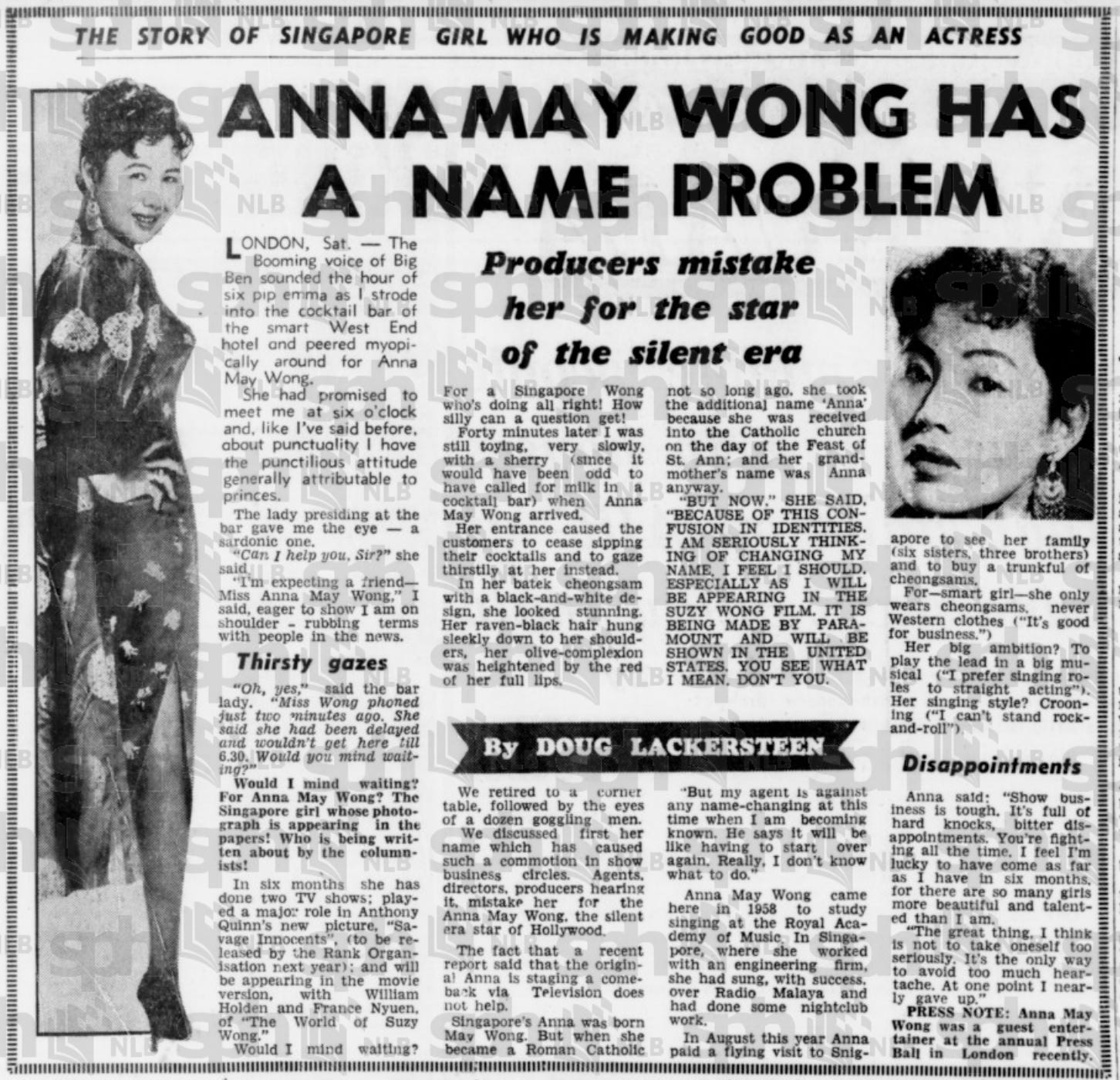 clipping with the headline: "Anna May Wong Has a Name Problem" about where the younger actress got her name from and problems she's had getting mixed up for the elder AMW