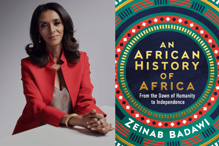 Zeinab Badawi with her book cover An African History of Africa