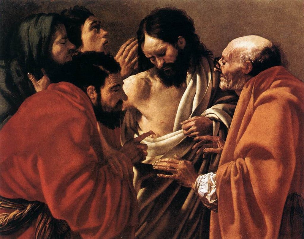Several disciples of christ dressed in medieval northern European garb in close contact with the risen Christ, Thomas in foreground touching Christ's side wound skeptically. Several disciples of christ dressed in medieval northern European garb in close contact with the risen Christ, Thomas in foreground touching Christ's side wound skeptically.