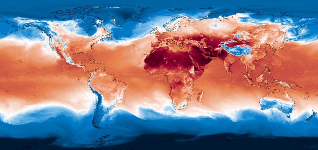 A snapshot of the surface temperature from one of the prototype projections of the Climate DT with ICON (at 5km resolution across atmosphere, land, ocean and sea-ice), performed on the EuroHPC LUMI supercomputer. 