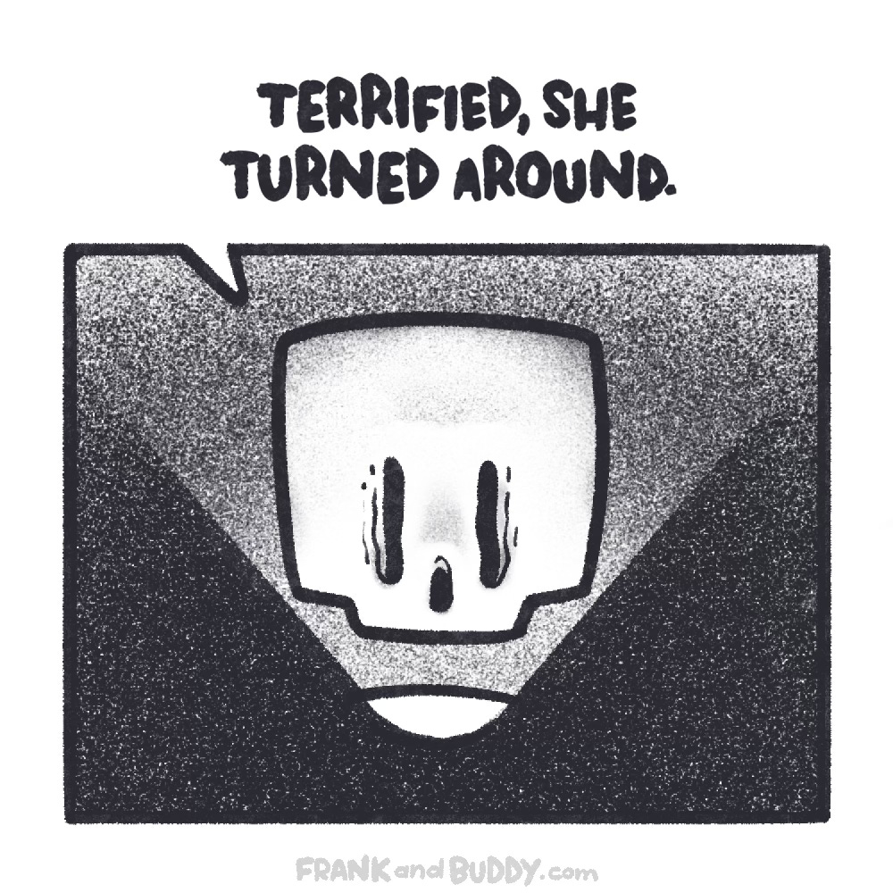 The webcomic shows the skeleton continuing the story with the torch at his face, they say "terrified, she turned around"