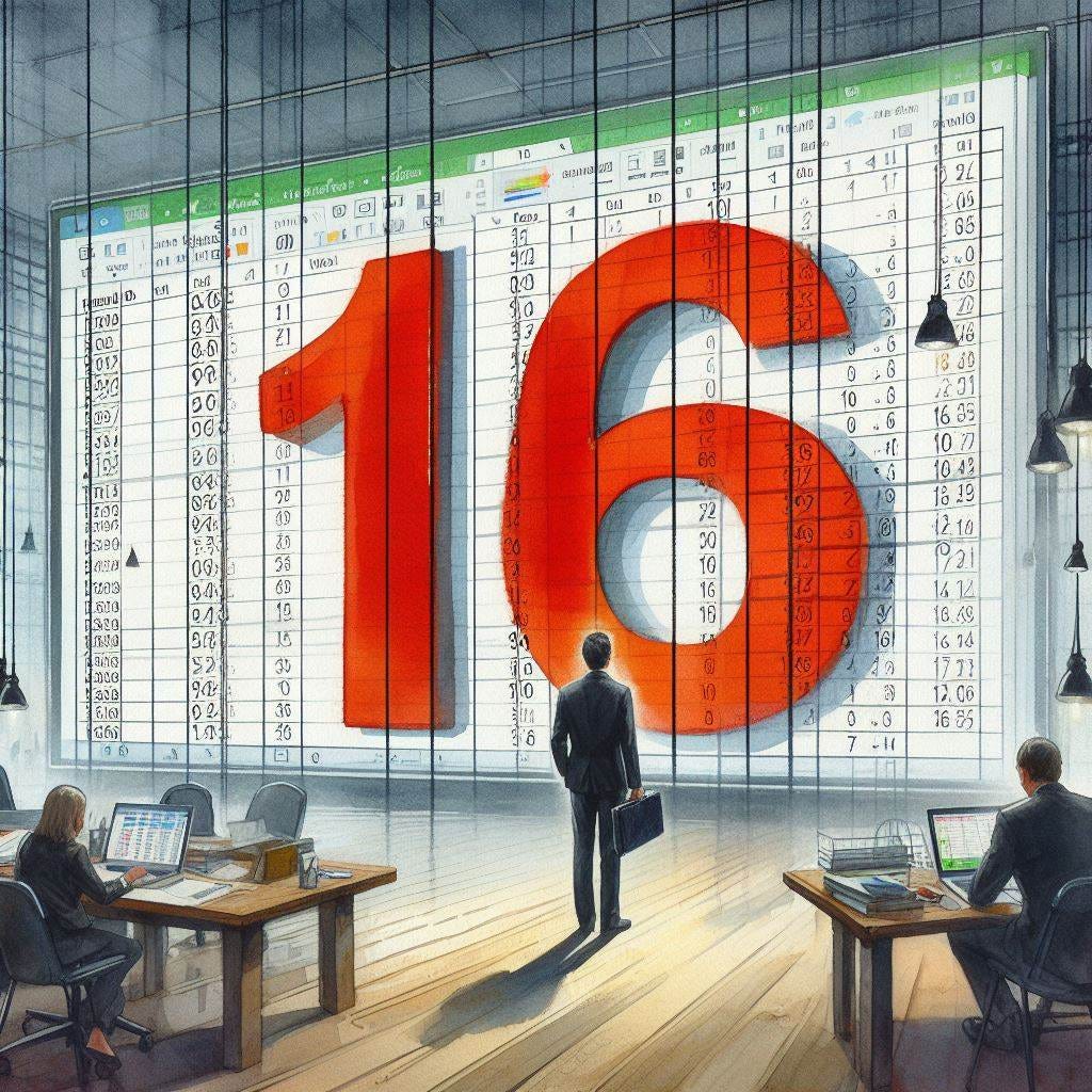 A man looking at an Excel spreadsheet with a giant number 16 in the middle of the spreadsheet, watercolor