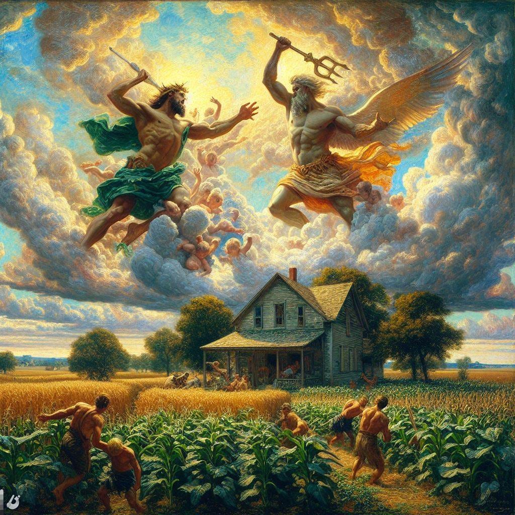 Zeus and Hercules fighting in the sky above an Indiana farm, impressionism