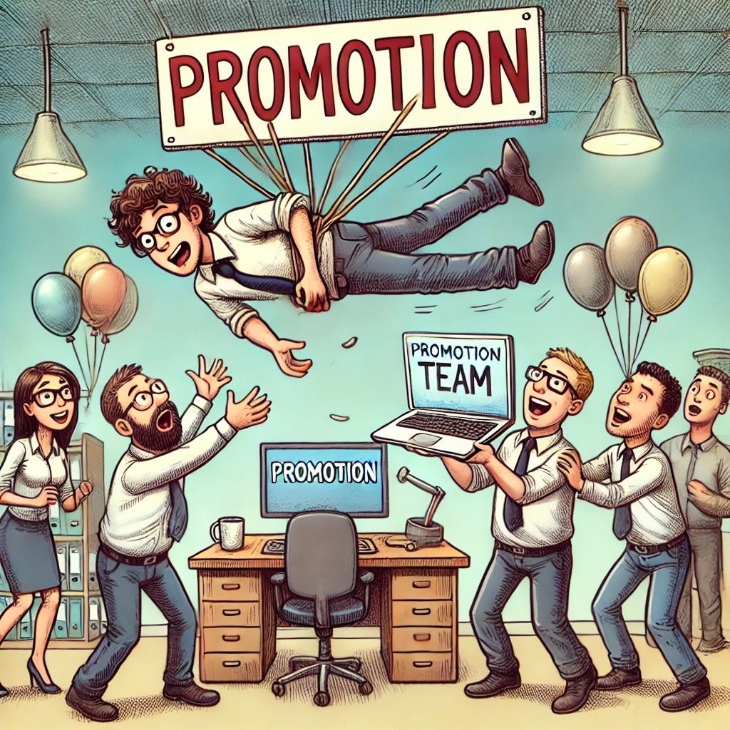 A humorous comic-style drawing of a software engineer being lifted towards a 'Promotion' sign by a team labeled 'Promotion Team.' The engineer looks surprised and delighted, holding onto his laptop while floating upwards. The team members, wearing office attire, use various means like balloons, a catapult, and teamwork to lift him. The background includes a typical tech office setting with desks, monitors, and coffee cups.