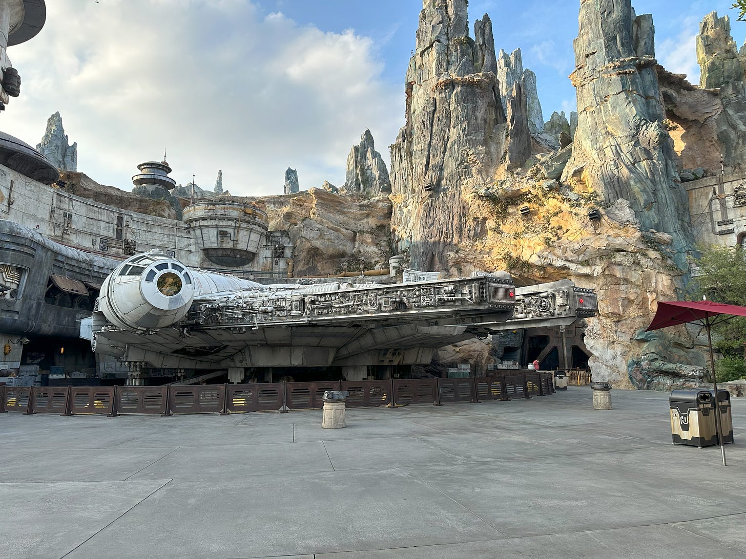 The Millennium Falcon at Docking Bay 5 in Black Spire Outpost, Batuu