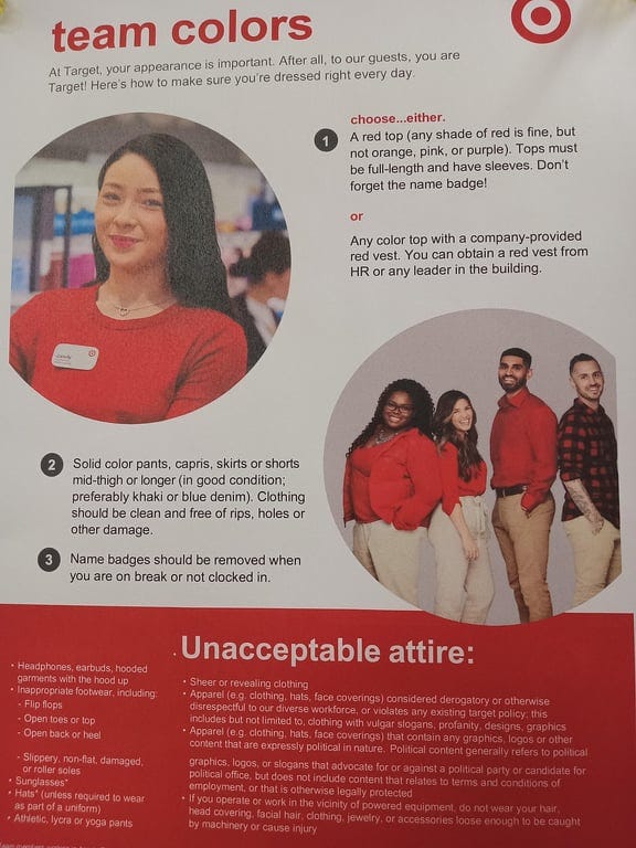 The Target employee dress code, showing that read is the only acceptable color to wear on top.