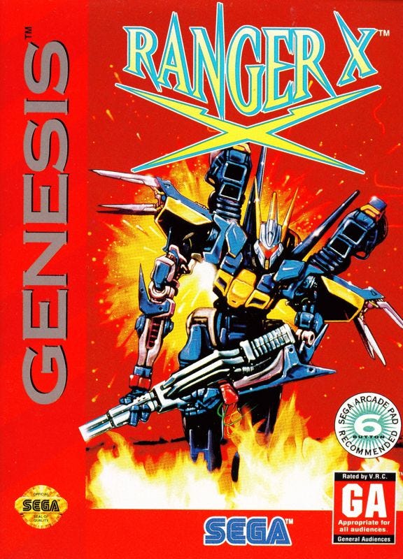 The Genesis box art for Ranger X, featuring the game's logo at the top, with a mech in action underneath it, taking up pretty much all of the real estate on the box. The mech is blue with yellow highlights, and the entire box is red, aside from the jet propulsion coming out of the back of the mech, which is yellow.