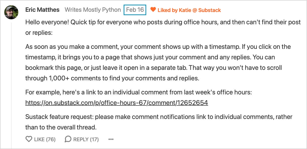 A typical Office Hours comment, with the timestamp highlighted.