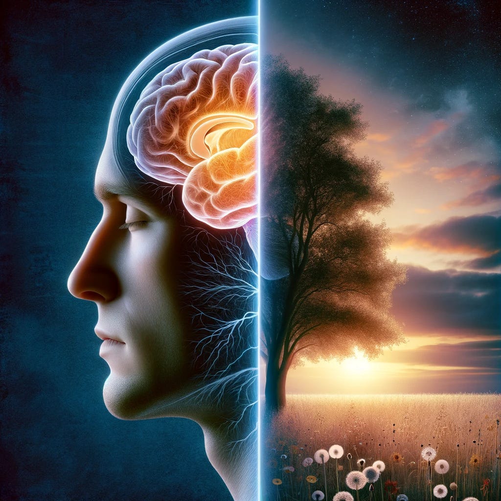 A highly detailed image divided in half vertically. On the left side, depict a person's head in profile view with eyes closed, transitioning into a visible MRI scan where part of the brain is highlighted, indicating activity. On the right side, illustrate the concept of an 'inner movie,' showing a serene scene of a single tree in a field of wildflowers, representing the person's thoughts or dreams. The transition between the realistic head and the MRI scan, and between the MRI and the inner movie, should be seamless, blending the realms of physical brain activity and subjective experience.