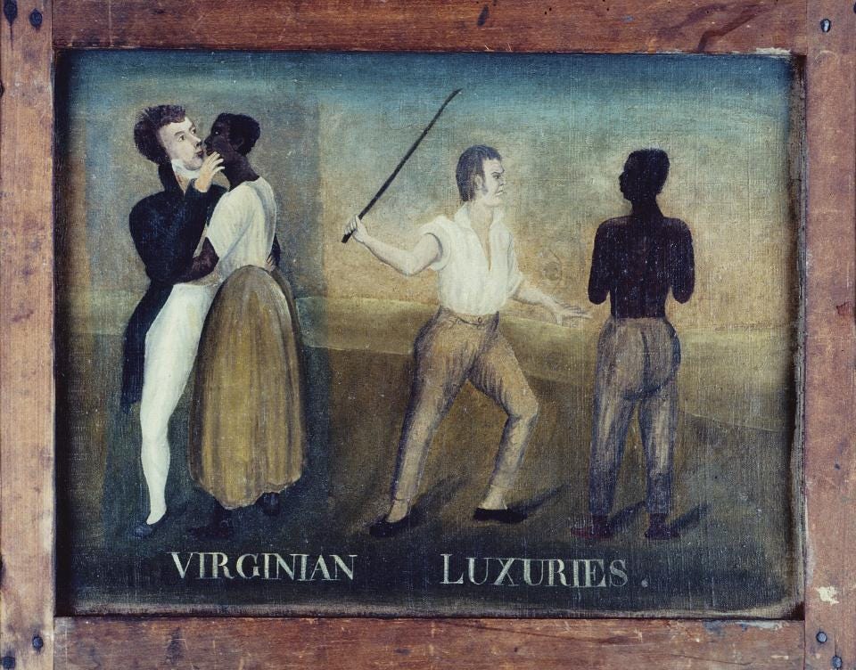 1825 painting by unknown artist shows white man kissing Black woman and whipping a Black man.