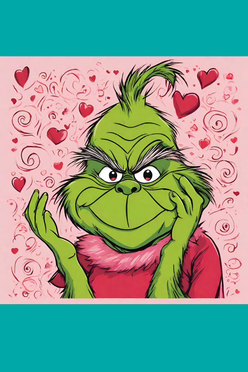 Dr. Seuss grinch character surrounded by red hearts