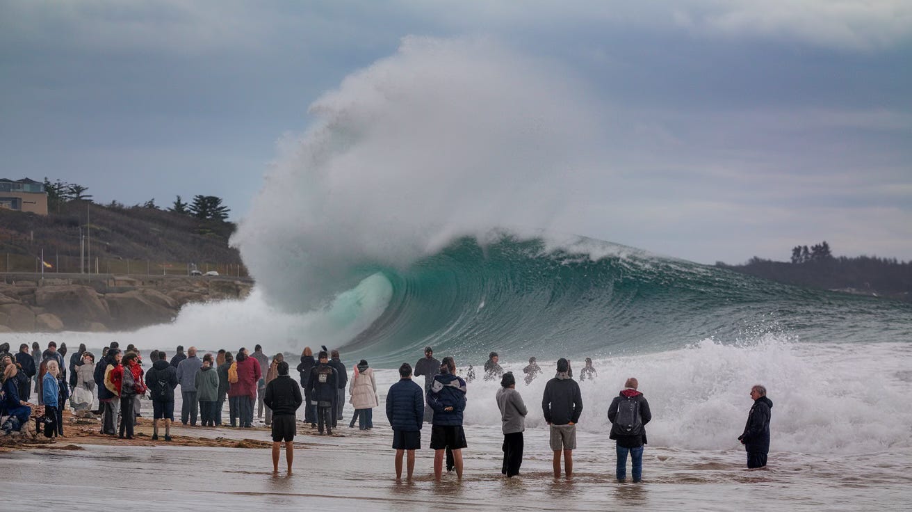 A photo of a beach filled with people who are staring up at a monstrous wave that towers above them. The wave is so large that it covers the people up to their ankles. The background contains a rocky coastline and a few buildings. The sky is overcast.