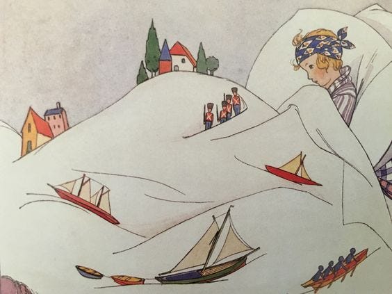 This may contain: an image of a child sleeping in bed with boats