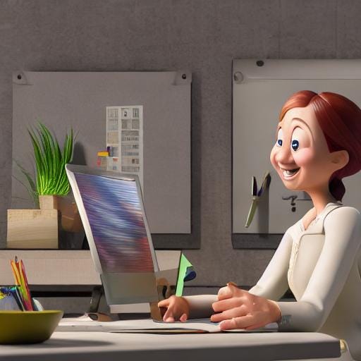A cartoon of a woman at her desk, smiling