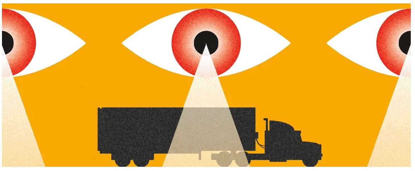 A big rig sits silhouetted center as Sauronesque eyes keep watch overhead