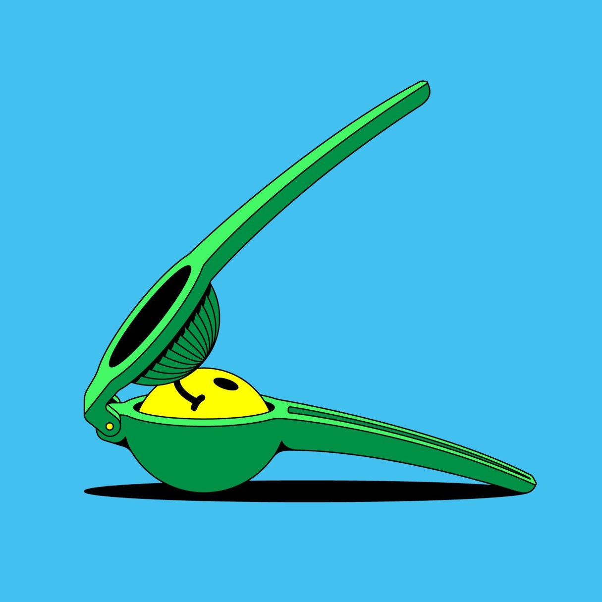 A lemon squeezer being used on a smiley face.