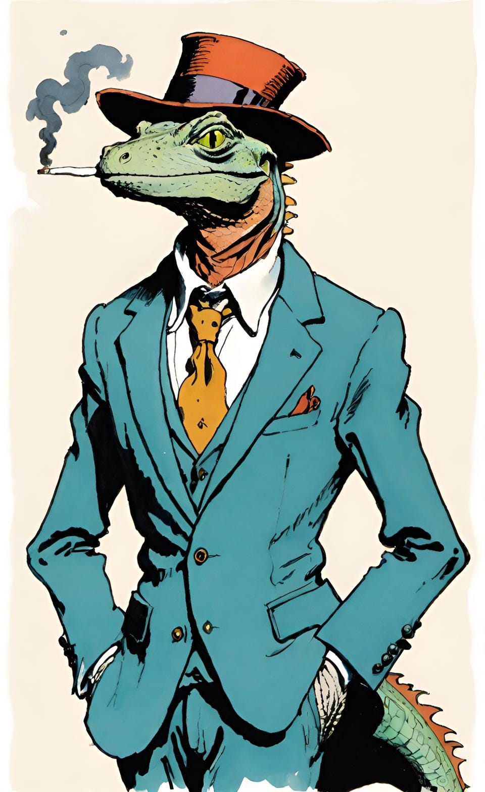 A lizard wearing a fine suit, a hat, and smoking.