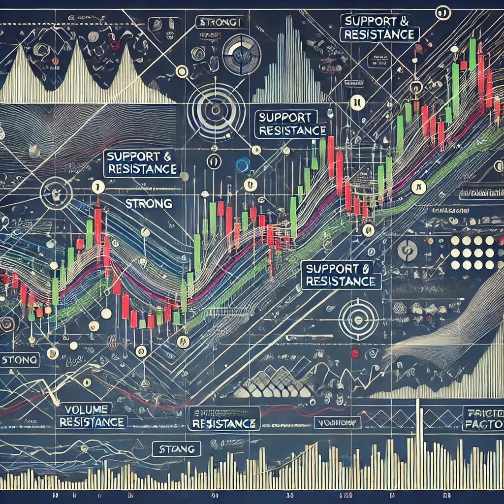 An illustration showing the process of assessing the strength of support and resistance levels in a financial chart. The image features a stock chart with multiple support and resistance lines, annotated with indicators like the number of touches, volume spikes, and price reaction arrows. Some levels are marked as 'strong' with larger volume and more touches, while others are marked 'weak' with smaller volume and fewer touches. The background includes additional elements such as trading indicators (moving averages, candlestick patterns) to provide a complete view of technical analysis, focusing on the strength of these levels.