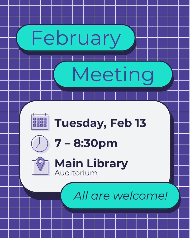Graphic for the Transit Columbus February 2024 meeting. Text reads:
February Meeting
Tuesday, Feb 13
7 - 8:30pm
Main Library 
Auditorium 
All are welcome!