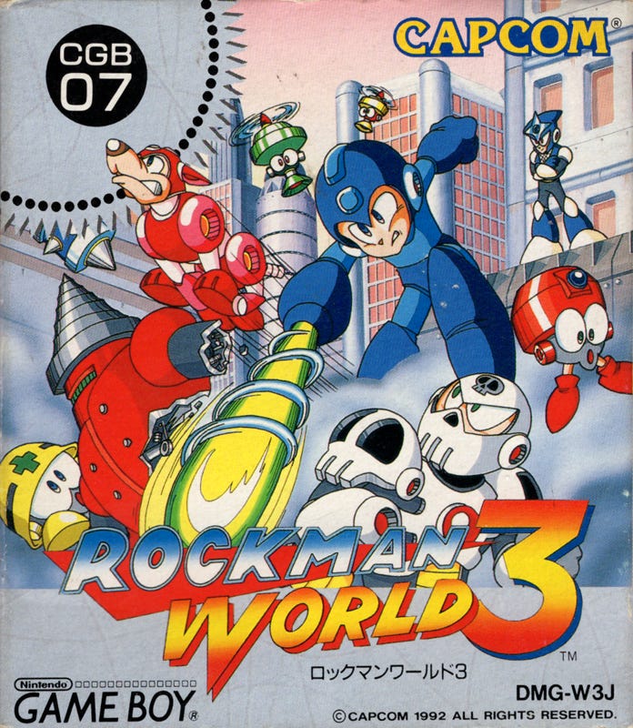 The Japanese box art for the Game Boy's Rockman World 3, as Mega Man III was known in Japan. Mega Man, Rush, and Flip Top Eddie come at Drill Man and Skull Man, while their flunkies surround them all. The characters all look similar to their in-game representation.