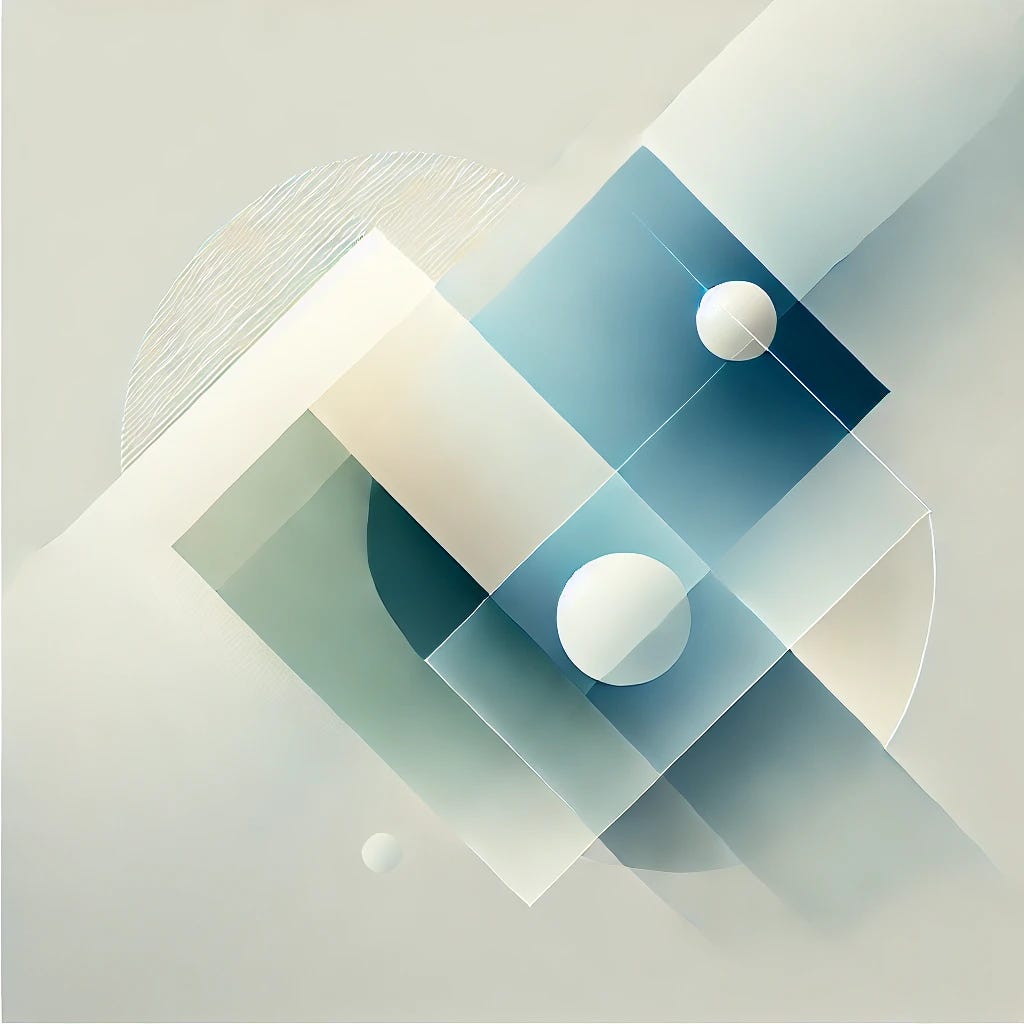 A purely abstract minimalistic image with geometric shapes and subtle gradients. Use soft, calming colors like blues, greens, and whites to convey a sense of stability and trust. The design should be open and inviting, without any text or recognizable forms, focusing purely on visual aesthetics and abstract elements.