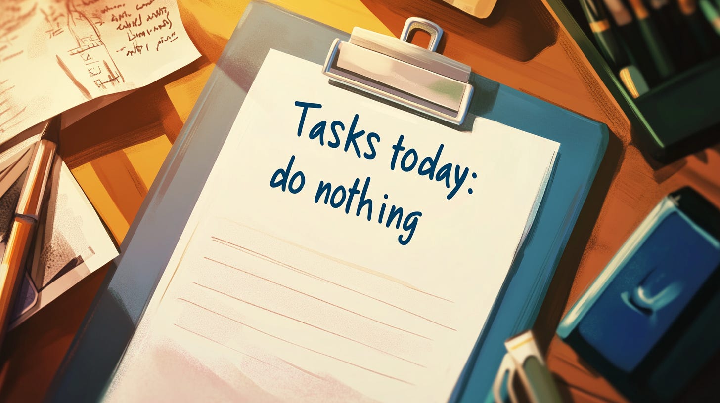 A clipboard with a piece of paper with the text, "Tasks today: do nothing" written on it. The clipboard is on a desk with various office items around it.