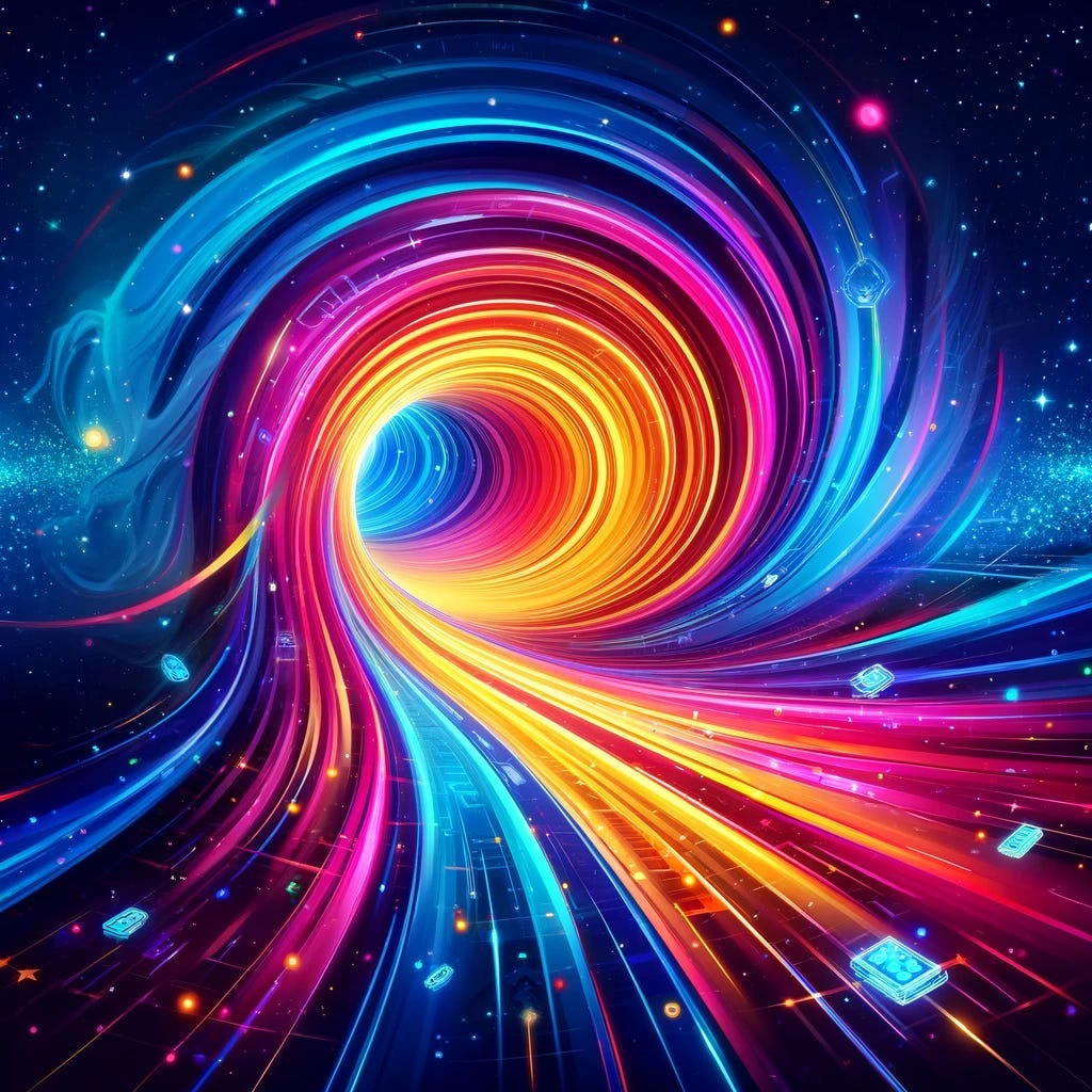 This image takes us on a visual journey through a quantum channel, depicted as a mesmerizing tunnel swirling with neon colors set against the cosmic backdrop of space. Data packets and quantum particles travel along this vibrant conduit, embodying the transmission of quantum information across the complex landscape of quantum mechanics, with distant galaxies and stars enhancing the sense of an interstellar voyage through the essence of quantum communication.