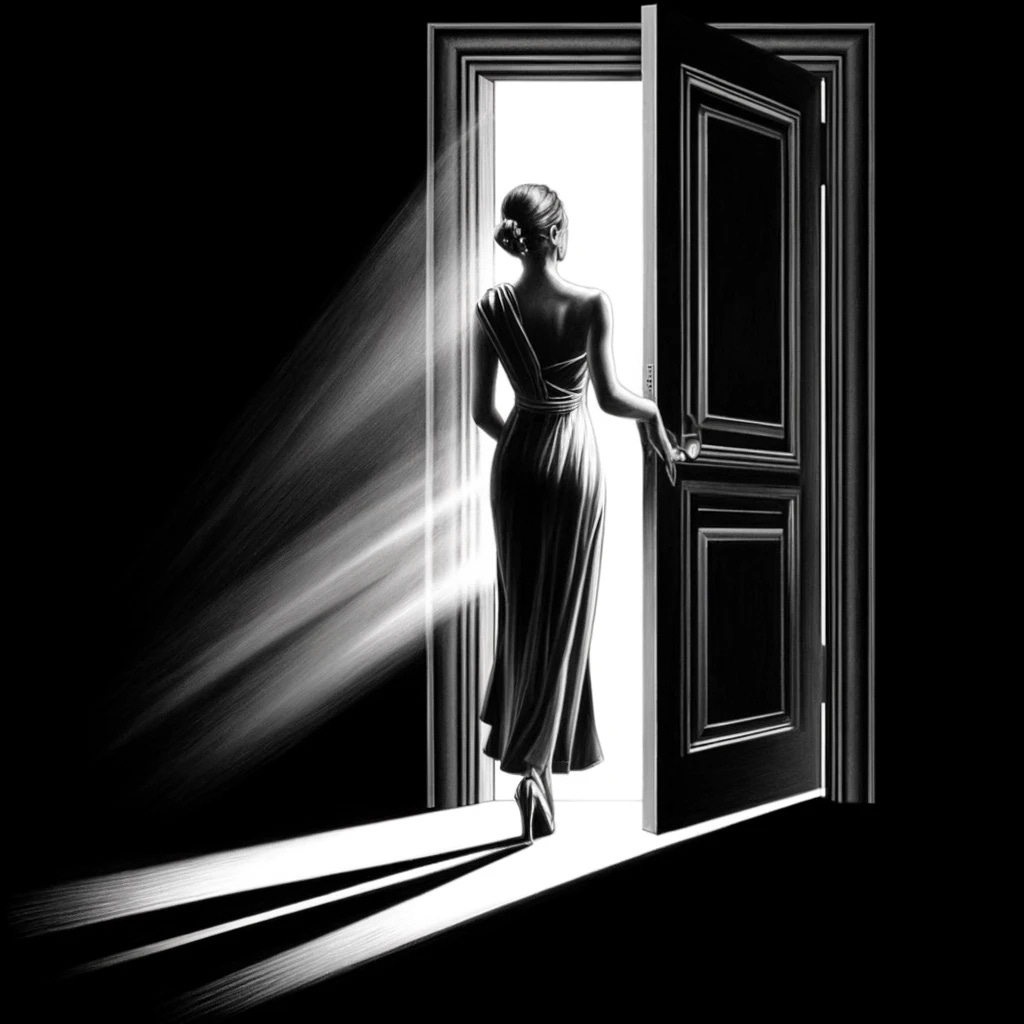 A black and white drawing of a woman opening a door into a brightly lit room. The woman is portrayed in an elegant, realistic style. She is wearing a stylish, flowing dress and her posture suggests curiosity and anticipation. The door is partially open, and the light from the room spills out, creating a dramatic contrast with the darker area where the woman stands. This drawing should capture the moment of transition from darkness to light, emphasizing the play of light and shadows.