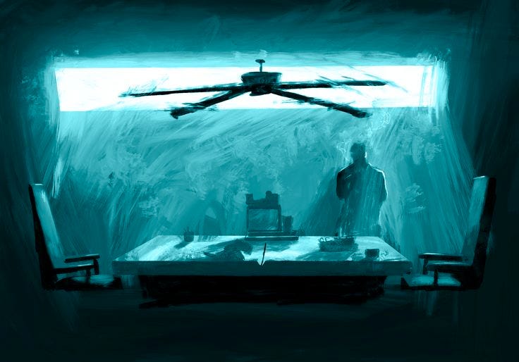 This may contain: a man standing in the middle of a room with chairs and a table next to him