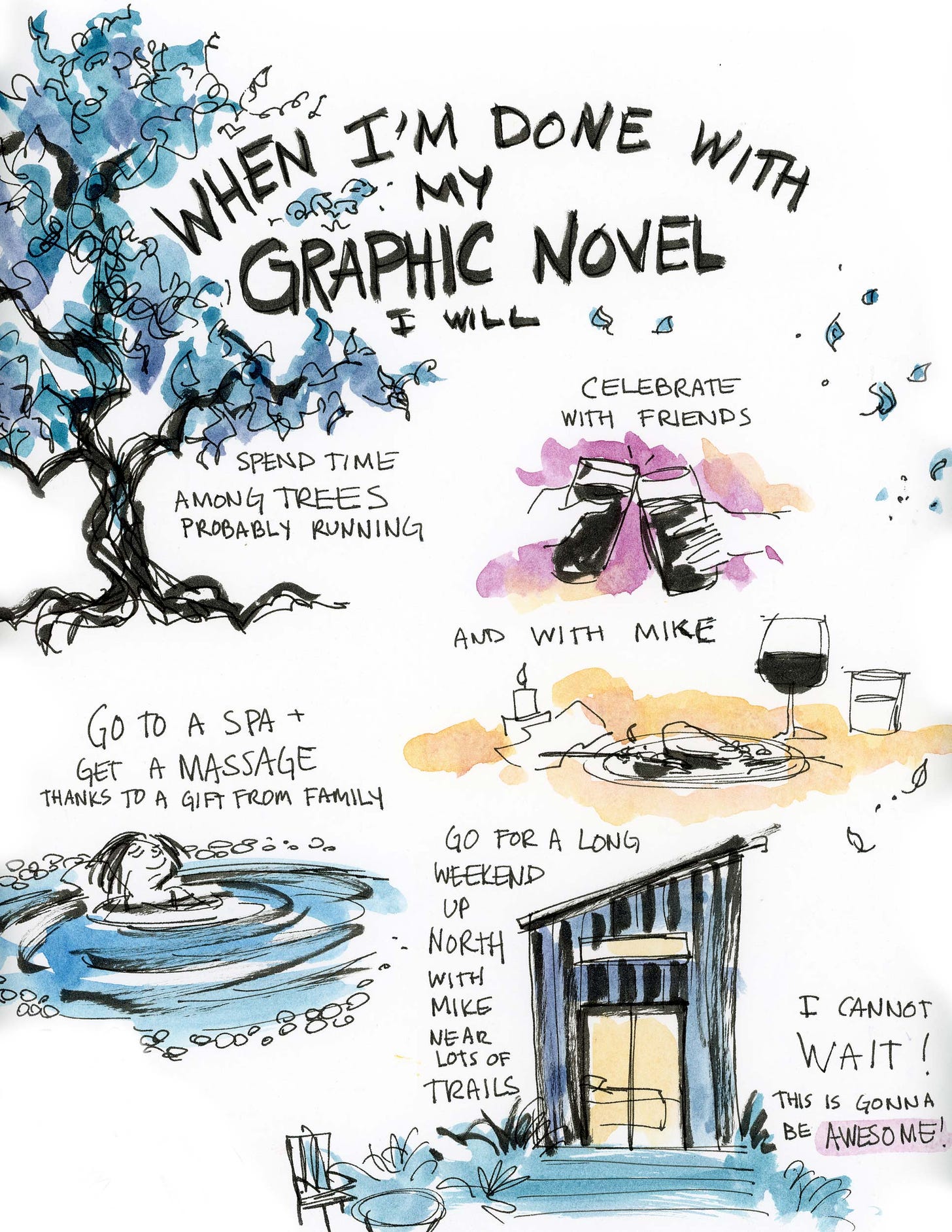 Diary comic by graphic novelist K. Woodman-Maynard about what she'll do when she'd one with her graphic novel.