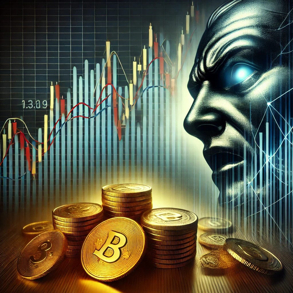 An abstract representation of financial uncertainty, showing a fluctuating stock market graph in the background with a looming shadow of gold and silver coins in the foreground. The image should evoke a sense of instability in traditional markets while highlighting the stability and value of precious metals as a hedge against market volatility. The colors should be bold, with a mix of dark tones and bright metallic highlights to contrast uncertainty with security.