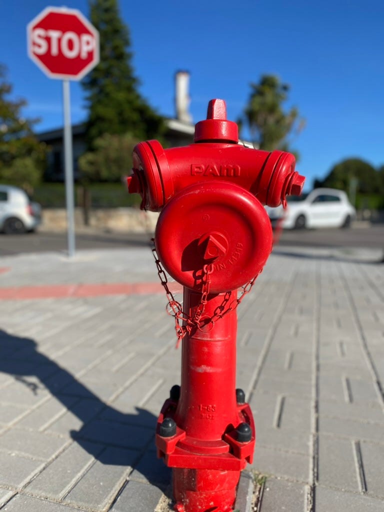 A red fire hydrant and a stop sign in the back left