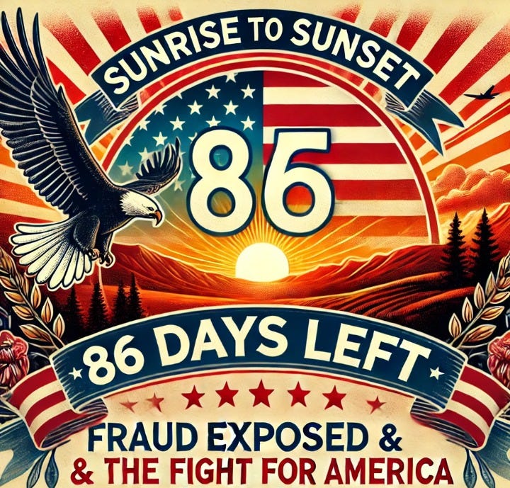 Patriotic-themed image featuring a sunrise over a landscape with the American flag subtly incorporated in the background. The text reads '86 DAYS LEFT' with the slogan 'FRAUD EXPOSED & THE FIGHT FOR AMERICA.