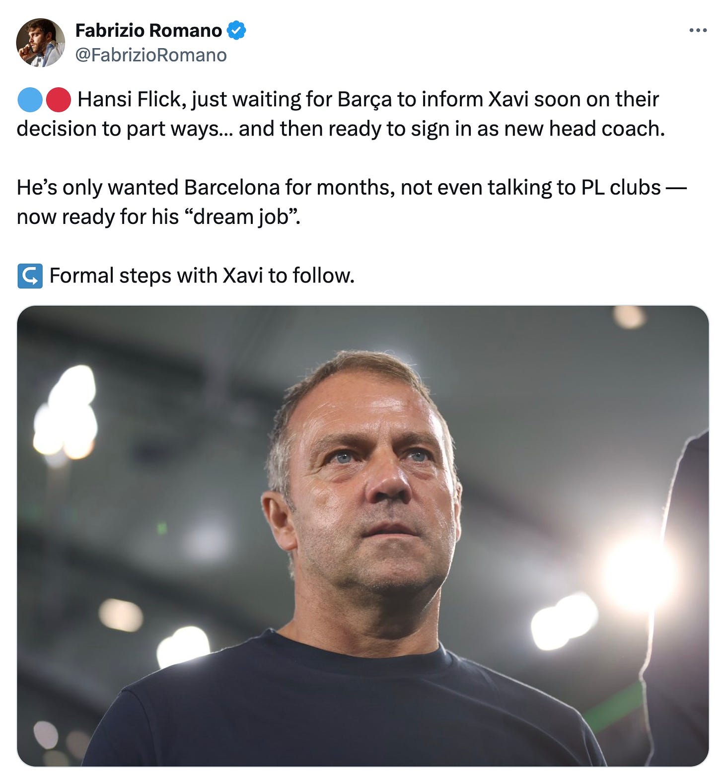 A tweet by Fabrizio Romano about Hansi Flick being set to be hired by Barcelona