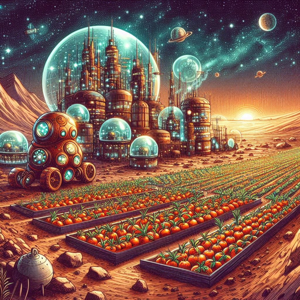 martian farm with a big yield, terrapunk drawing