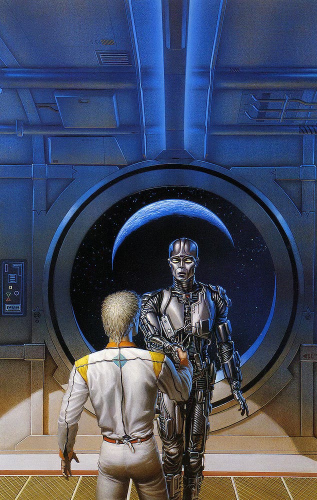 A robot stands in front of a large circular viewport as it shakes the hand of a humanoid. The crescent shape of a planet hovers among a starry field as seen tthrough the glass behind them. The wall is structured with metal supports and curves up to the ceiling where conduit runs. Grated deck plates run the length of the floor seen in the immediate foreground.