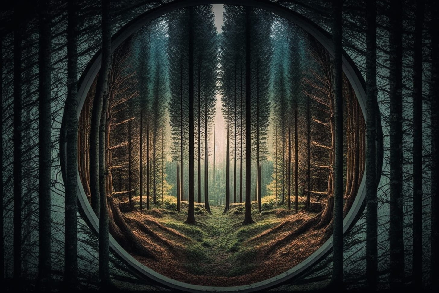 a forest with a zoomed out lens like an eye in the middle enabling the viewer to see more of the tree