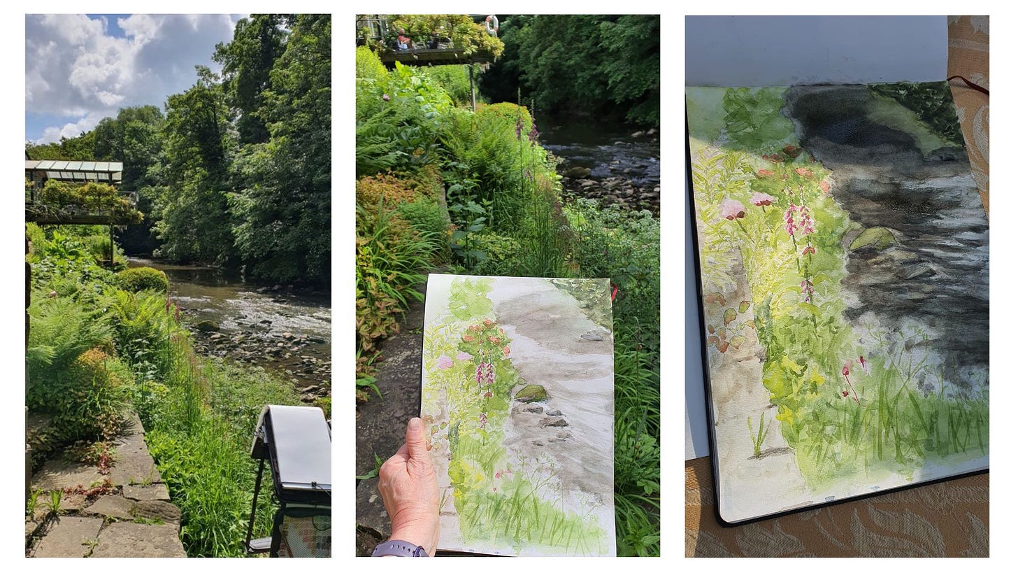 1st pic. sketchpad set up on my tripod next to the river and the garden that borders it. The other side is woodland. The sun is shining. 2nd is my hand holding my painting at the end of the session in front of the garden that inspired it. 3rd is the fiished painting at home.