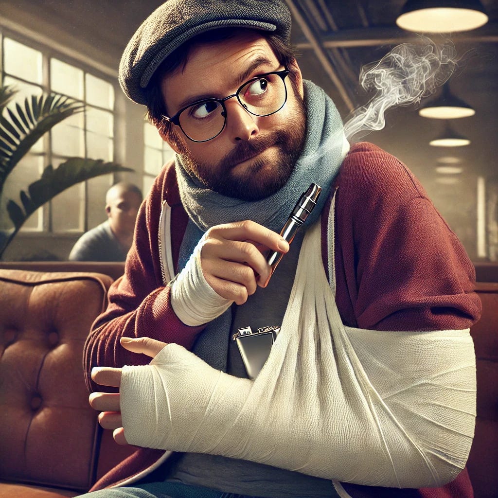 A humorous scene of a person with a broken hand wrapped in a large cast, sneakily tucking a vape pen inside the wrap. The person is glancing around with a mischievous expression, as if they're proud of their clever hiding spot. The background is a casual setting like a living room or a train, with soft lighting and relaxed surroundings. The overall mood is lighthearted and playful, capturing the sense of finding an amusing benefit in an otherwise inconvenient situation.