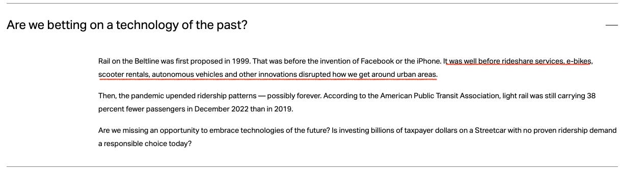 A screenshot reads "Are we betting on a technology of the past?" that suggests light rail would not be popular due to more recent technology like e-scooters and autonomous vehicles.