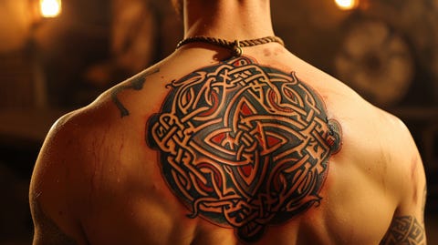 A black and red ink tattoo showcasing a Celtic tree of life, with branches and roots intertwined in a circular knot pattern on the back.