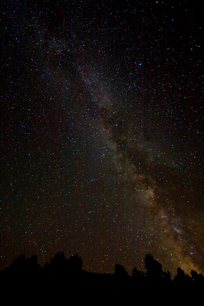 a view of the milky way above an outline of trees. "Galaxy" by mouser-nerdbot is licensed under CC BY-NC-ND 2.0.