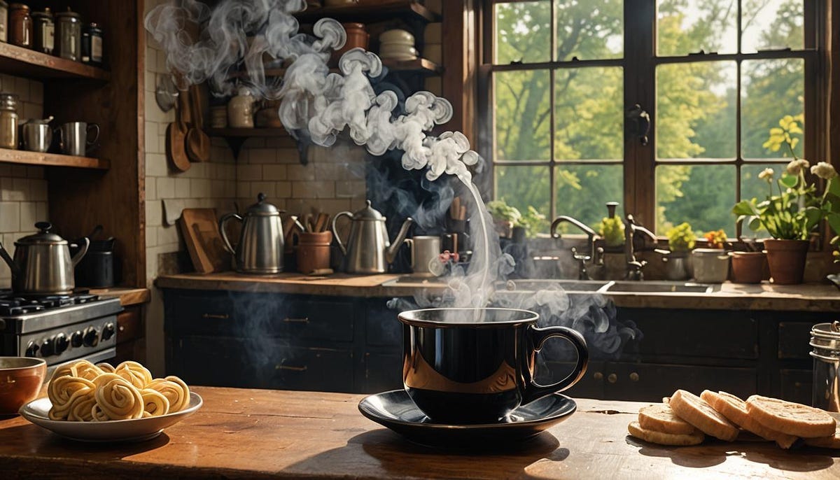 Steaming coffee cup on kitchen table