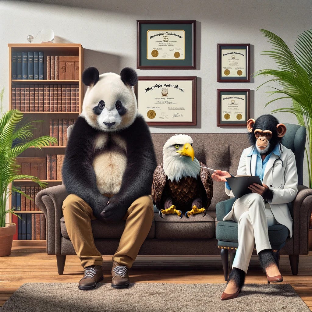 Create an image depicting a panda and a bald eagle sitting together on a couch, looking awkward, in the office of a marriage counselor. The counselor is represented by a sympathetic and intellectual-looking chimpanzee, seated across from them. The setting is a cozy, professional office environment, indicating the practice of marriage counseling, with diplomas on the wall, a bookshelf filled with psychology and relationship books, and a peaceful plant in the corner. The atmosphere is one of understanding and support, but also a touch of humor, given the unusual combination of clients and counselor. The style should be detailed and expressive, capturing the unique dynamics of this therapy session.