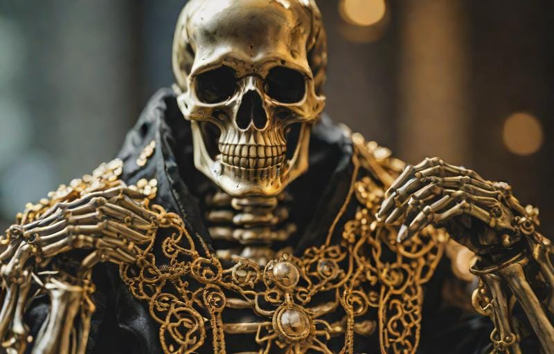 Materially rich; spiritually dead: a skeleton wearing gold jewelry and silk robe.