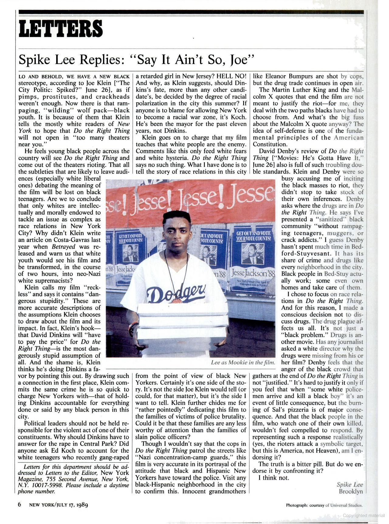 This image shows the full, single page of Spike Lee's 17 July 1989 New York Magazine letter to the editor (titled "Say It Ain't So, Joe"), which replies to David Denby's and Joe Klein's 26 June 1989 pieces about Do the Right Thing.