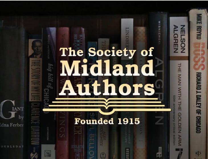 Beige text that reads "The Society of Midland Authors" overlayed on an image of books on a bookshelf.