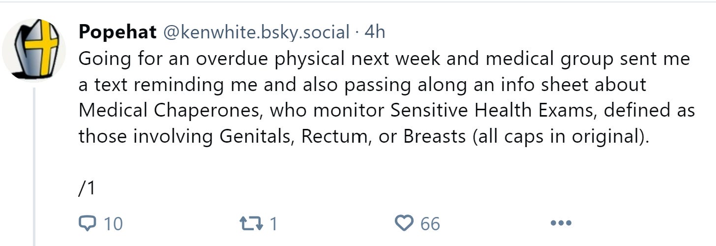 Going for an overdue physical next week nd medical group sent me a text reminding me and also passing along an info sheet about Medical Chaperones, who monitor Sensitive Health Exams, defined as those involving Genitals, Rectum, or Breasts (all caps in original).